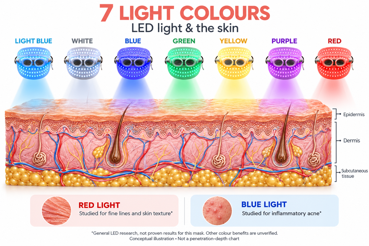 Seven LED light colours illustrated over a skin cross-section