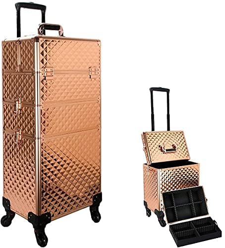 Vanity Rolling Makeup Case, Heavy Duty Makeup Artist Travel Case with 4 Extendable Trays, Rose Gold Diamond