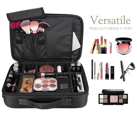 Makeup Nail Art Cosmetics Box Travel Makeup Case PU Leather Professional Cosmetic Train Cases Artist Storage Bag Make Up Tool Boxes Brushes Bags (Large Black)