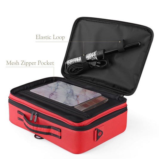 Vanity Box Large Makeup Bag Professional Train Case 16.5 inches Travel Cosmetic Organizer Brush Holder Waterproof Makeup Artist Storage Box, 3 Layer Large Capacity, with Adjustable Strap (Red)