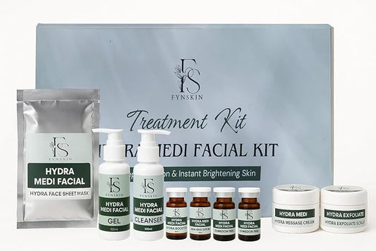 Fynskin Hydra Medi Facial Kit – Complete 8 Step Skincare Set for Deep Hydration & Instant Brightening | Professional Facial Kit for All Skin Types (10-12 Facials )