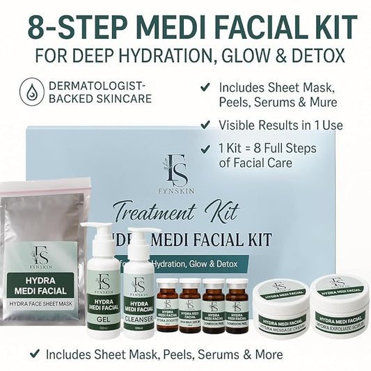 Fynskin Hydra Medi Facial Kit – Complete 8 Step Skincare Set for Deep Hydration & Instant Brightening | Professional Facial Kit for All Skin Types (10-12 Facials )