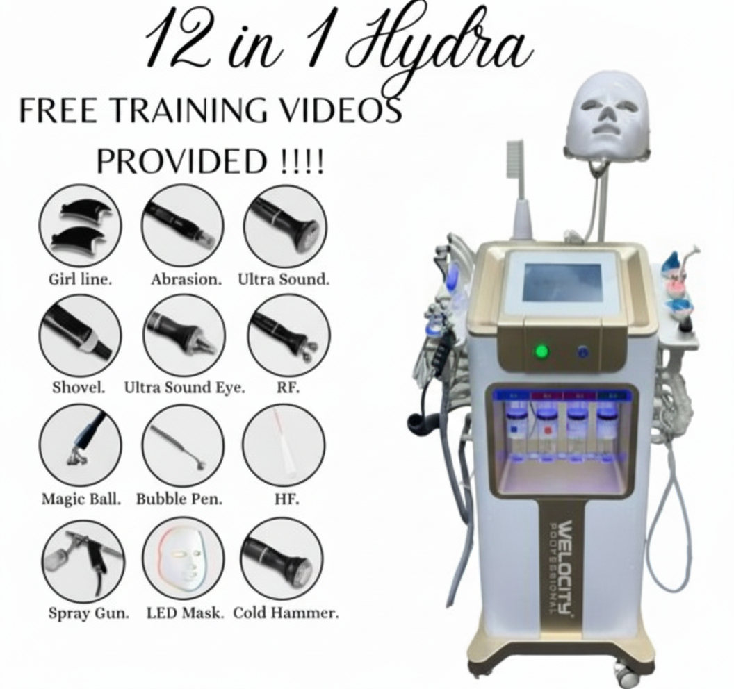 Velocity 12-in-1 HydraFacial Machine attachments and training video information