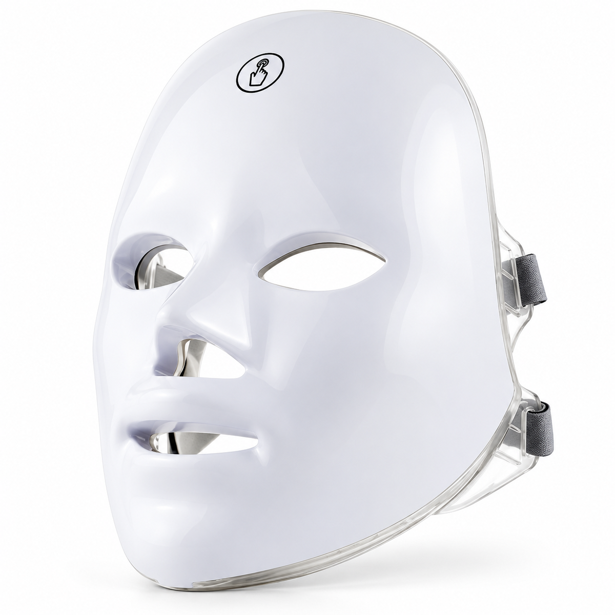 White rechargeable LED face mask with adjustable grey straps