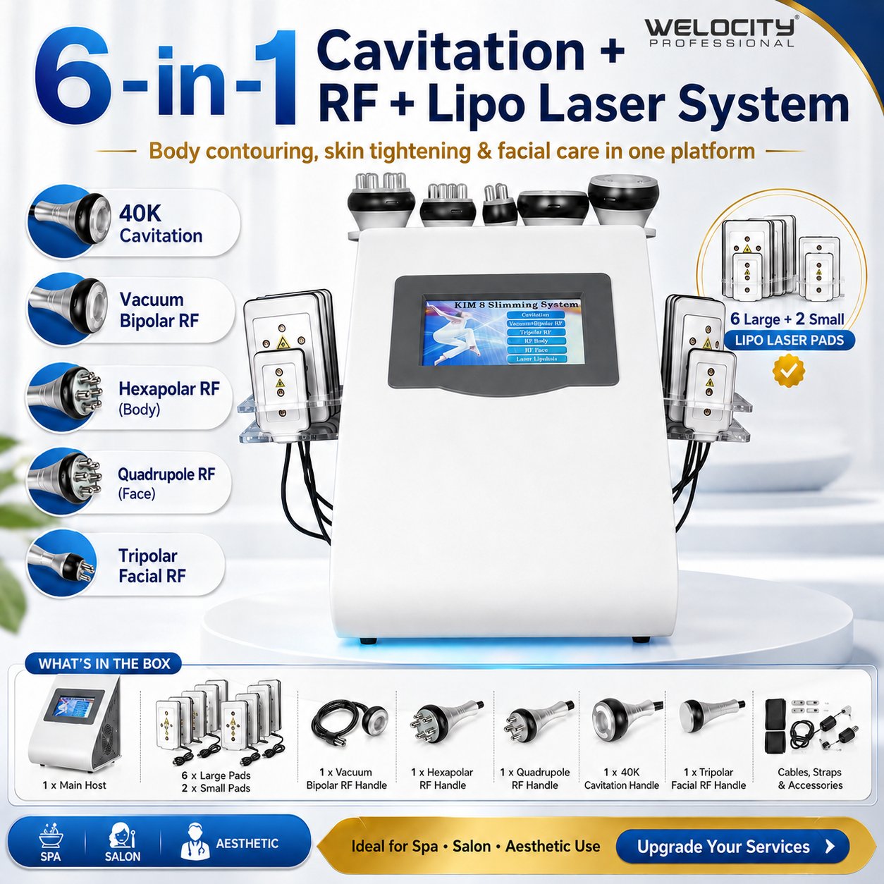 6 in 1 cavitation RF lipo laser system - 40K cavitation, vacuum bipolar, hexapolar, quadrupole and tripolar RF handles with lipo laser pads
