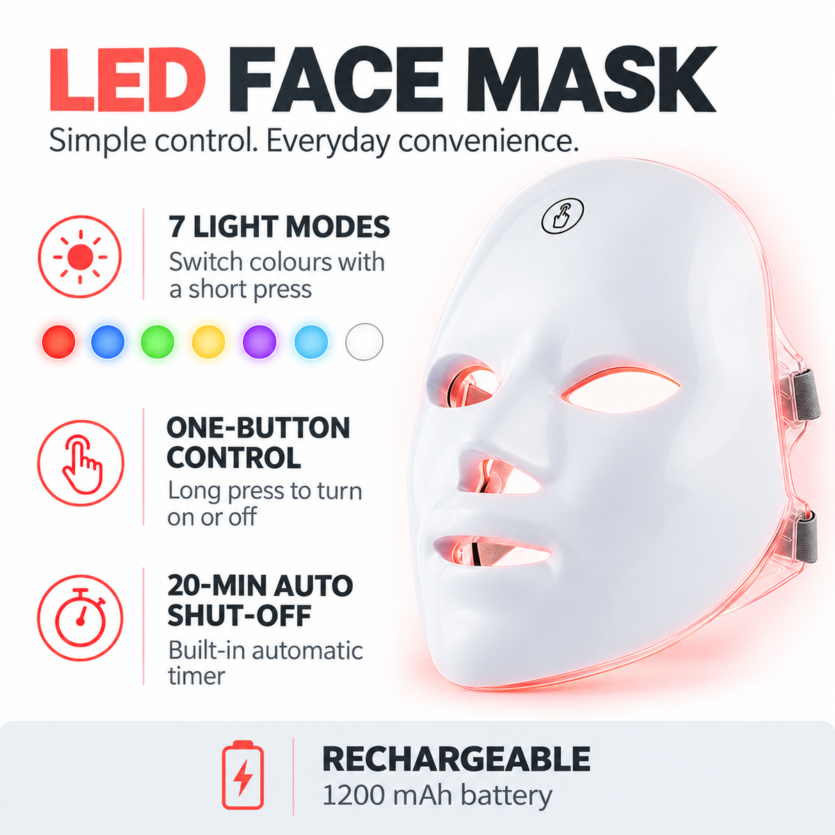 LED face mask features: 7 light modes, one-button control, 20-minute auto shut-off, 1200 mAh battery