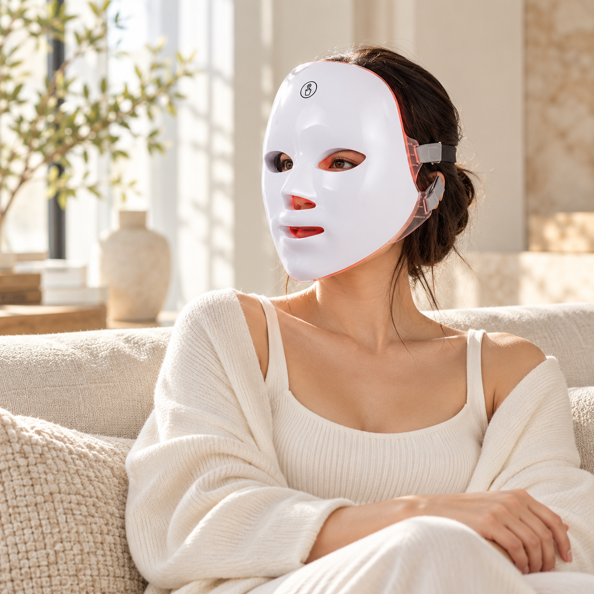 Woman wearing the LED face mask at home on a sofa