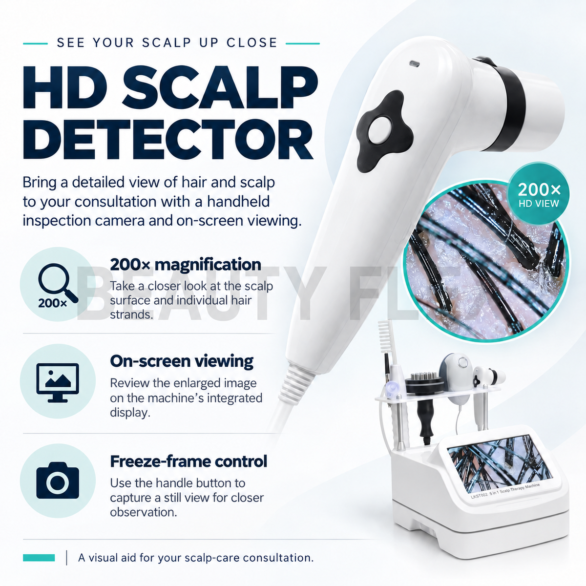 HD scalp detector handpiece with magnified scalp view