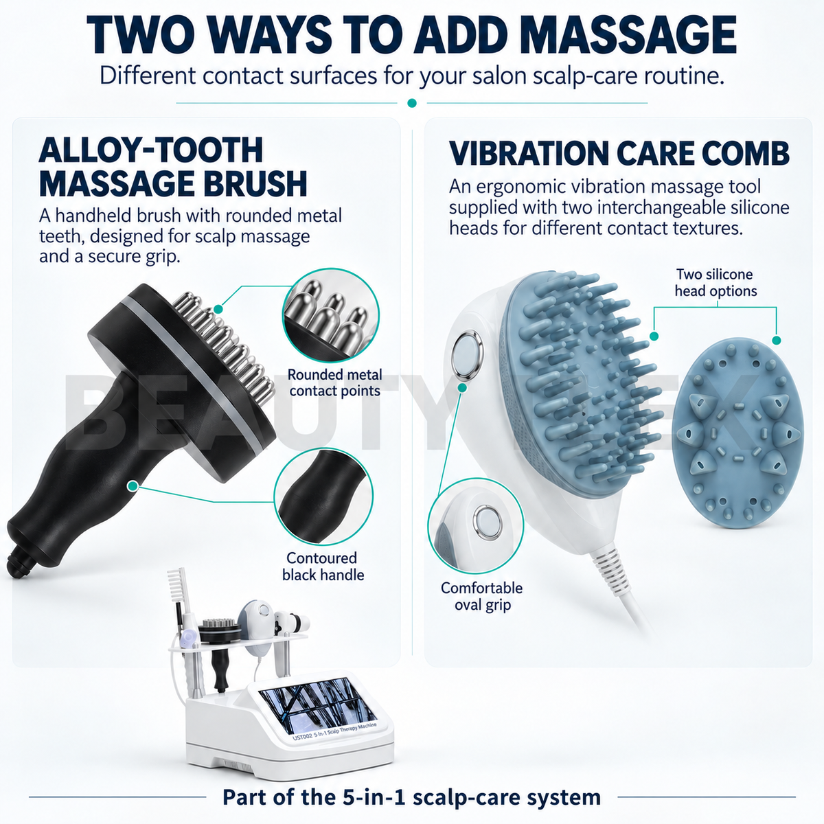 Alloy-tooth massage brush and vibration care comb with silicone heads