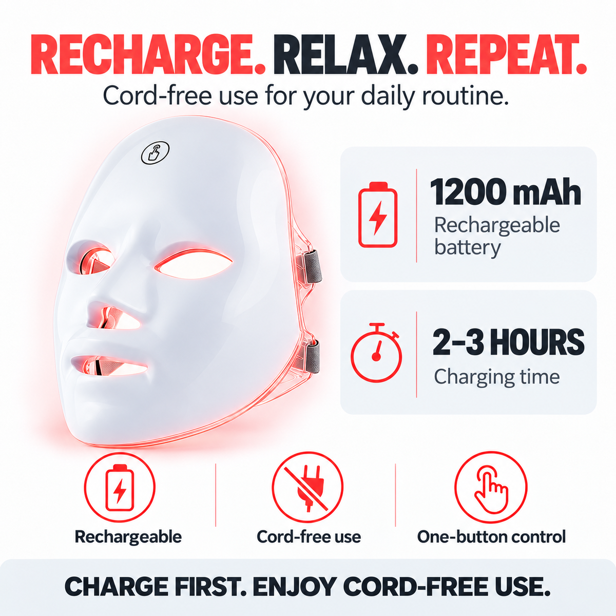 1200 mAh rechargeable battery with 2-3 hour charging time