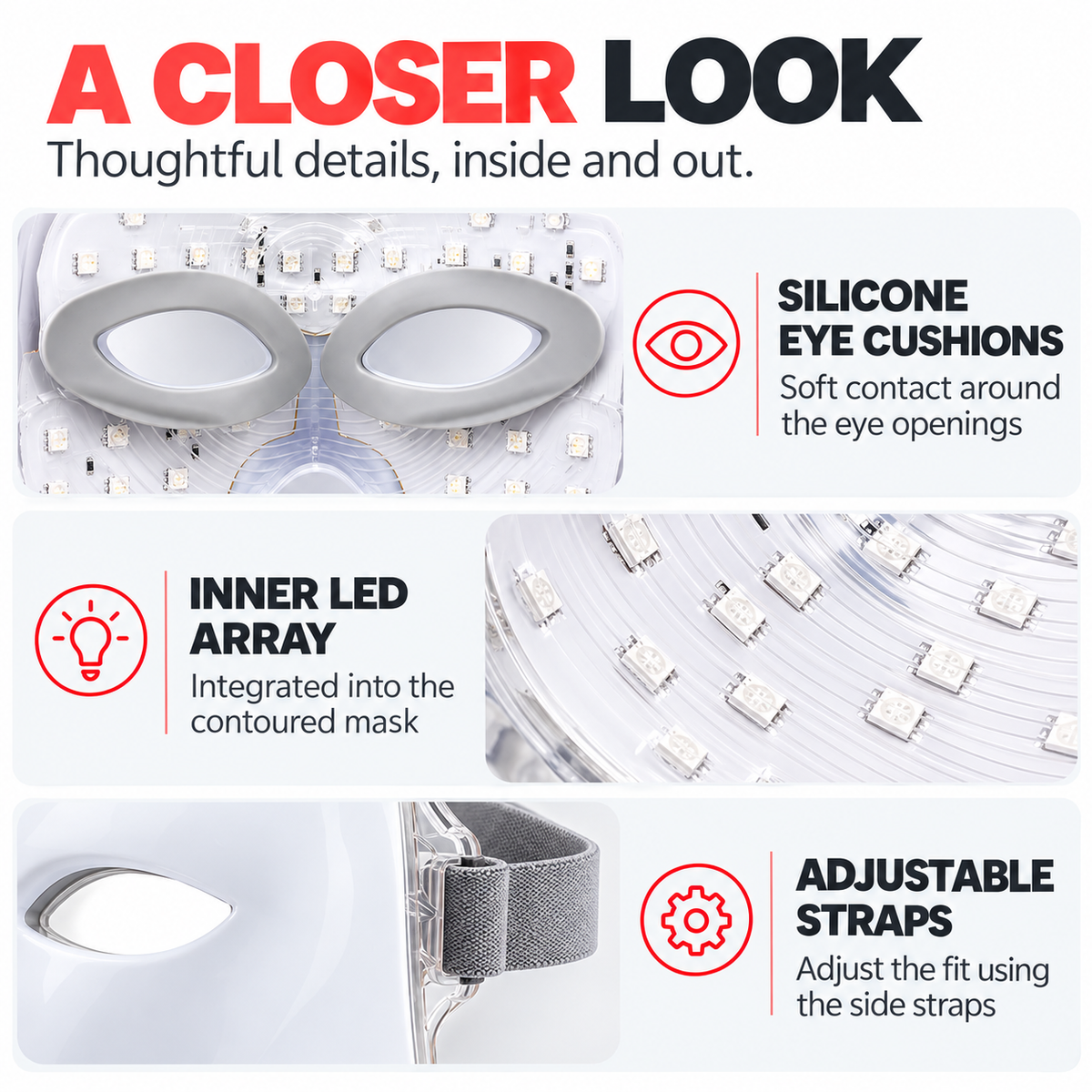Close-up of silicone eye cushions, inner LED array and adjustable straps