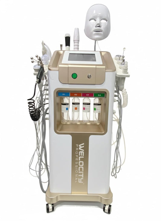 14-in-1 HydraFacial Machine with OxyGeneo, LED Mask (White & Golden) — Beauty Flex