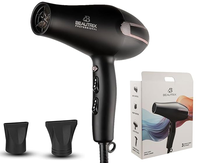 Hair Dryer 2200W black with rose gold accent, 3 heat and speed settings, with attachments