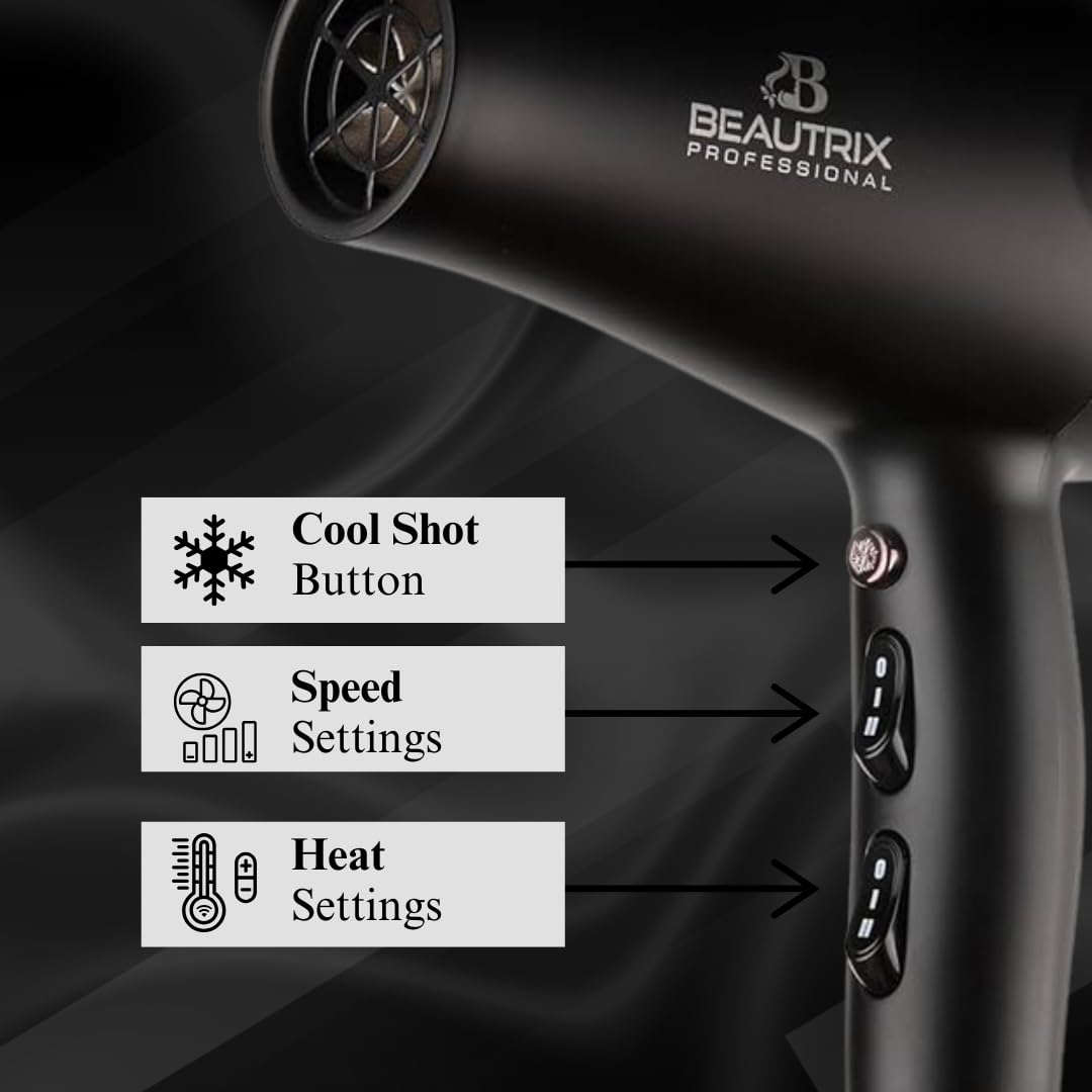 Hair Dryer, 2200W, 3 Heat and Speed Settings, Black with Rose Gold Accent