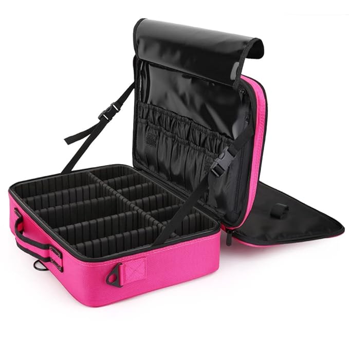 Vanity Box Large Makeup Bag Professional Train Case 16.5 inches Travel Cosmetic Organizer Brush Holder Waterproof Makeup Artist Storage Box, 3 Layer Large Capacity, with Adjustable Strap (Pink)