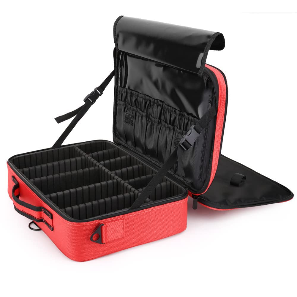 Vanity Box Large Makeup Bag Professional Train Case 16.5 inches Travel Cosmetic Organizer Brush Holder Waterproof Makeup Artist Storage Box, 3 Layer Large Capacity, with Adjustable Strap (Red)