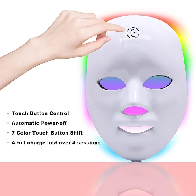 LED Light Therapy Face Mask, 7 Colour PDT Technology, Wireless Design, Red & Blue Light for Acne Treatment