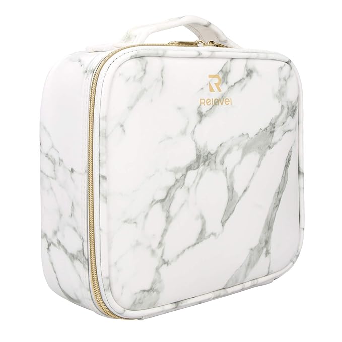 Makeup Case Travel Makeup Bag Makeup Train Case Cosmetic Bag Toiletry Makeup Brushes Organizer Portable Travel Bag Artist Storage Bag with Adjustable Dividers (Marble Pattern)