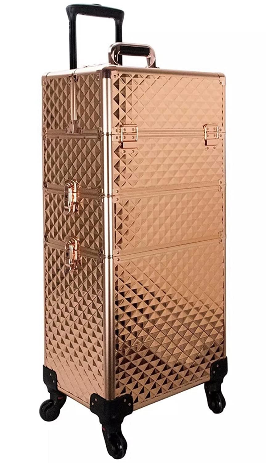 Vanity Rolling Makeup Case, Heavy Duty Makeup Artist Travel Case with 4 Extendable Trays, Rose Gold Diamond