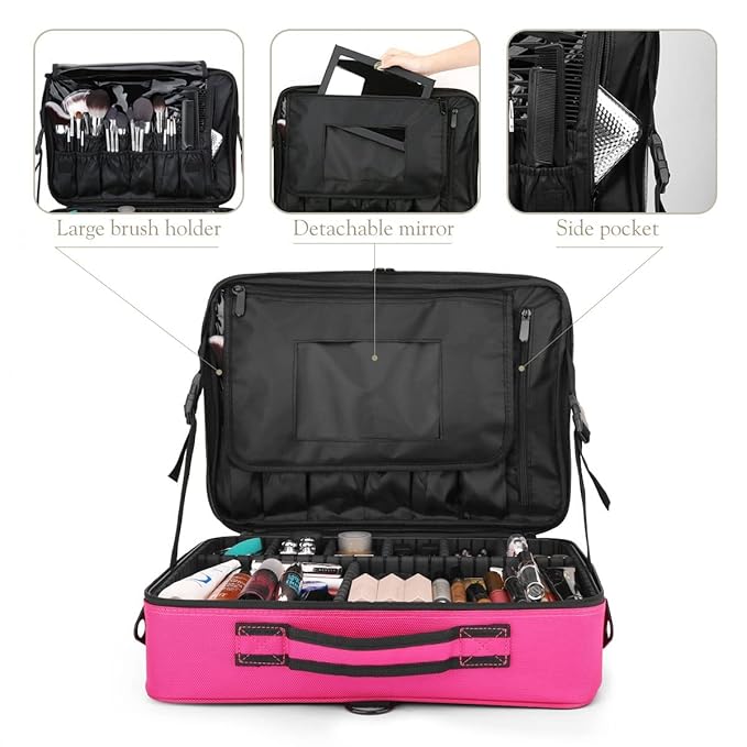 Vanity Box Large Makeup Bag Professional Train Case 16.5 inches Travel Cosmetic Organizer Brush Holder Waterproof Makeup Artist Storage Box, 3 Layer Large Capacity, with Adjustable Strap (Pink)
