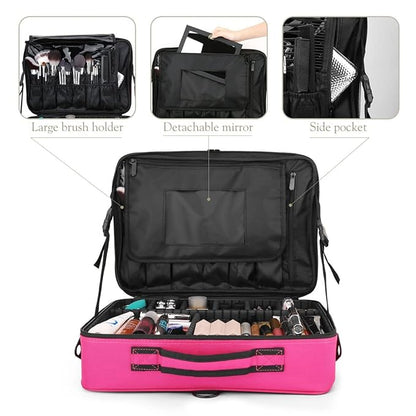 Vanity Box Large Makeup Bag Professional Train Case 16.5 inches Travel Cosmetic Organizer Brush Holder Waterproof Makeup Artist Storage Box, 3 Layer Large Capacity, with Adjustable Strap (Pink)