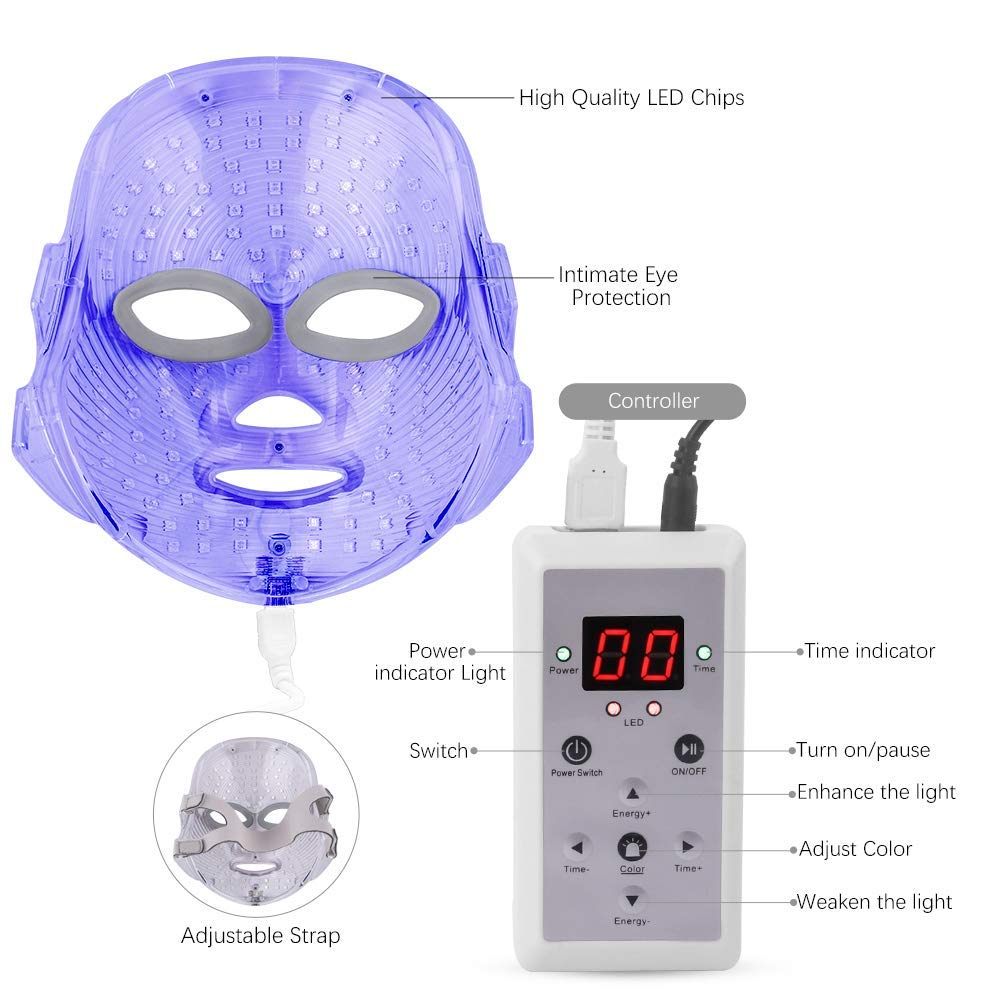Led Face Mask Light Therapy, 7 Led Light Therapy Facial Skin Care Mask, Blue & Red Light for Acne Photon Mask, Korea PDT Technology for Acne Reduction