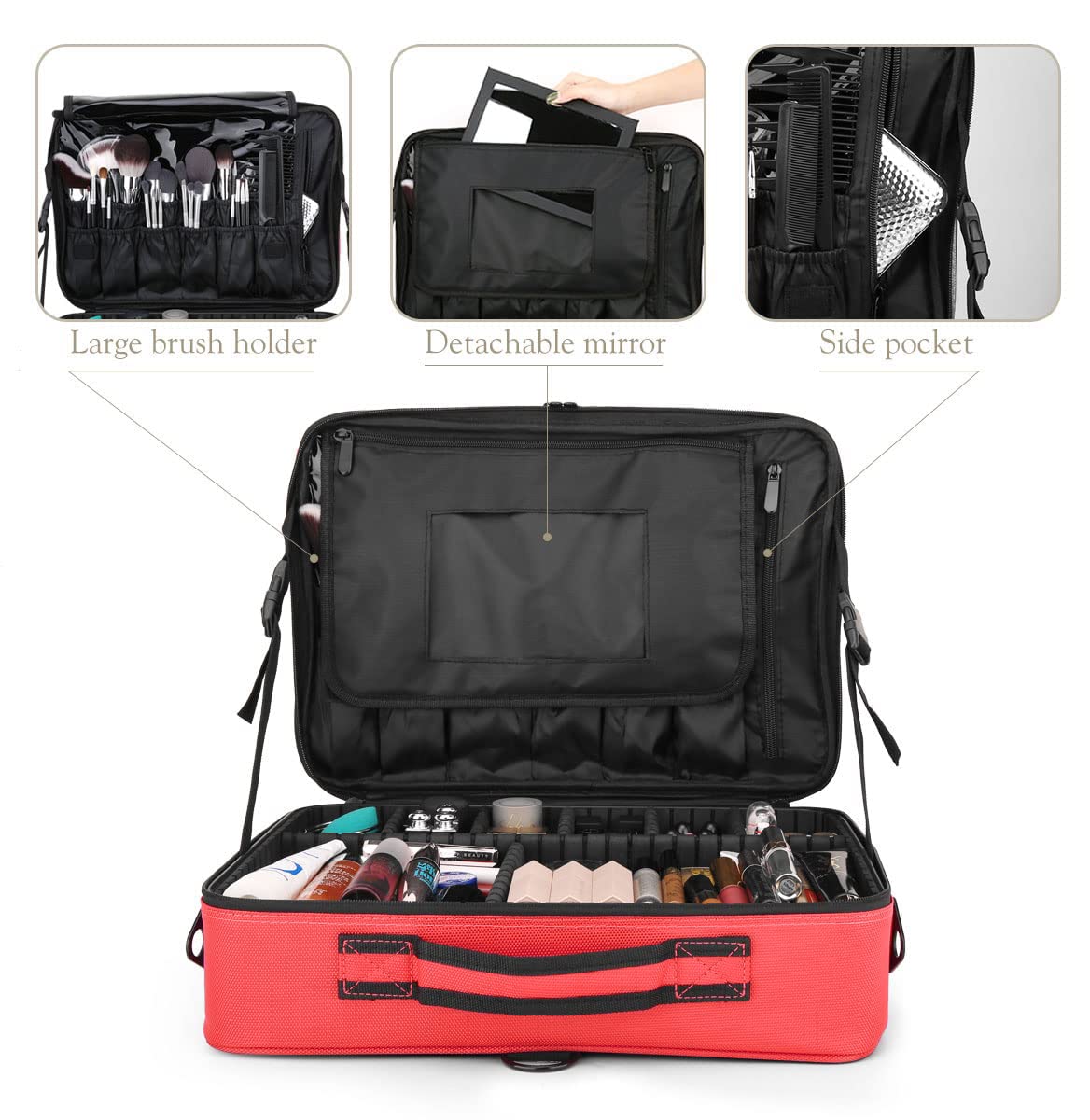 Vanity Box Large Makeup Bag Professional Train Case 16.5 inches Travel Cosmetic Organizer Brush Holder Waterproof Makeup Artist Storage Box, 3 Layer Large Capacity, with Adjustable Strap (Red)