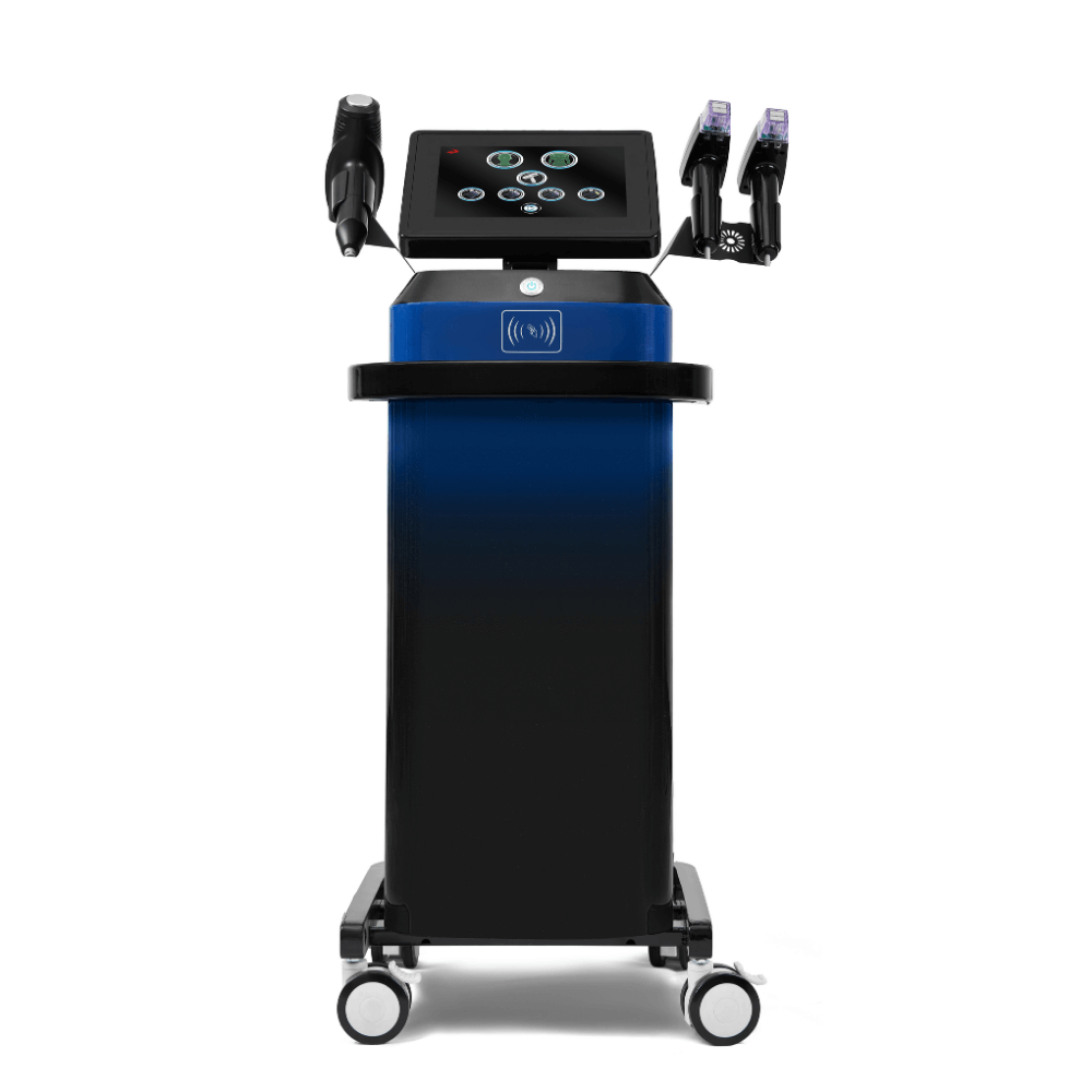 3-in-1 Morpheus 8 MNRF machine with ice handle, blue and black device with screen on top