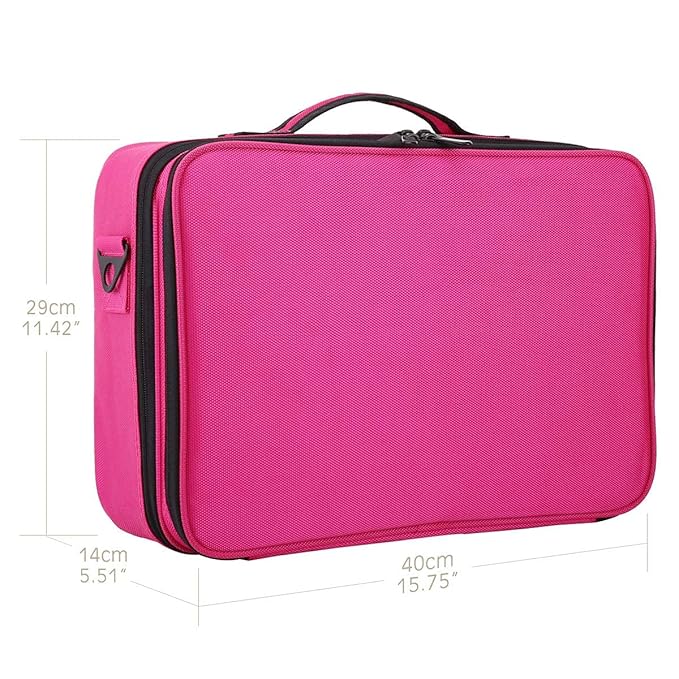Vanity Box Large Makeup Bag Professional Train Case 16.5 inches Travel Cosmetic Organizer Brush Holder Waterproof Makeup Artist Storage Box, 3 Layer Large Capacity, with Adjustable Strap (Pink)