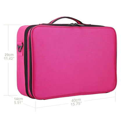 Vanity Box Large Makeup Bag Professional Train Case 16.5 inches Travel Cosmetic Organizer Brush Holder Waterproof Makeup Artist Storage Box, 3 Layer Large Capacity, with Adjustable Strap (Pink)