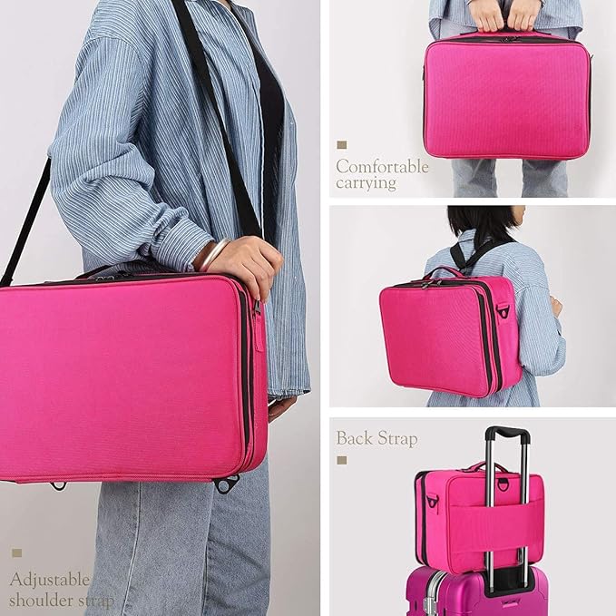 Vanity Box Large Makeup Bag Professional Train Case 16.5 inches Travel Cosmetic Organizer Brush Holder Waterproof Makeup Artist Storage Box, 3 Layer Large Capacity, with Adjustable Strap (Pink)