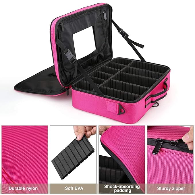 Vanity Box Large Makeup Bag Professional Train Case 16.5 inches Travel Cosmetic Organizer Brush Holder Waterproof Makeup Artist Storage Box, 3 Layer Large Capacity, with Adjustable Strap (Pink)
