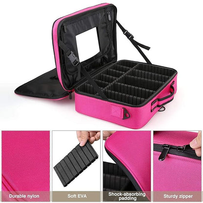 Vanity Box Large Makeup Bag Professional Train Case 16.5 inches Travel Cosmetic Organizer Brush Holder Waterproof Makeup Artist Storage Box, 3 Layer Large Capacity, with Adjustable Strap (Pink)