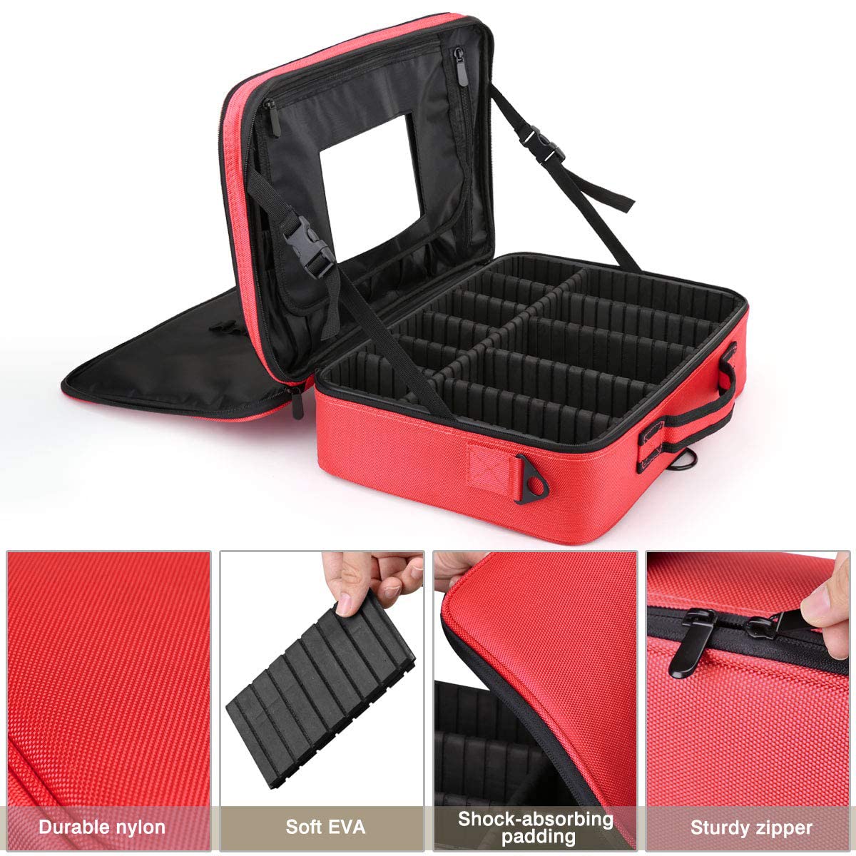 Vanity Box Large Makeup Bag Professional Train Case 16.5 inches Travel Cosmetic Organizer Brush Holder Waterproof Makeup Artist Storage Box, 3 Layer Large Capacity, with Adjustable Strap (Red)