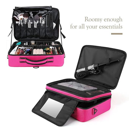 Vanity Box Large Makeup Bag Professional Train Case 16.5 inches Travel Cosmetic Organizer Brush Holder Waterproof Makeup Artist Storage Box, 3 Layer Large Capacity, with Adjustable Strap (Pink)