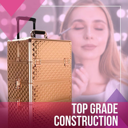 Vanity Rolling Makeup Case, Heavy Duty Makeup Artist Travel Case with 4 Extendable Trays, Rose Gold Diamond