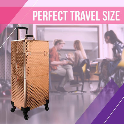 Vanity Rolling Makeup Case, Heavy Duty Makeup Artist Travel Case with 4 Extendable Trays, Rose Gold Diamond
