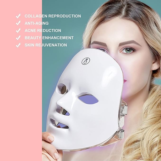 LED Light Therapy Face Mask, 7 Colour PDT Technology, Wireless Design, Red & Blue Light for Acne Treatment