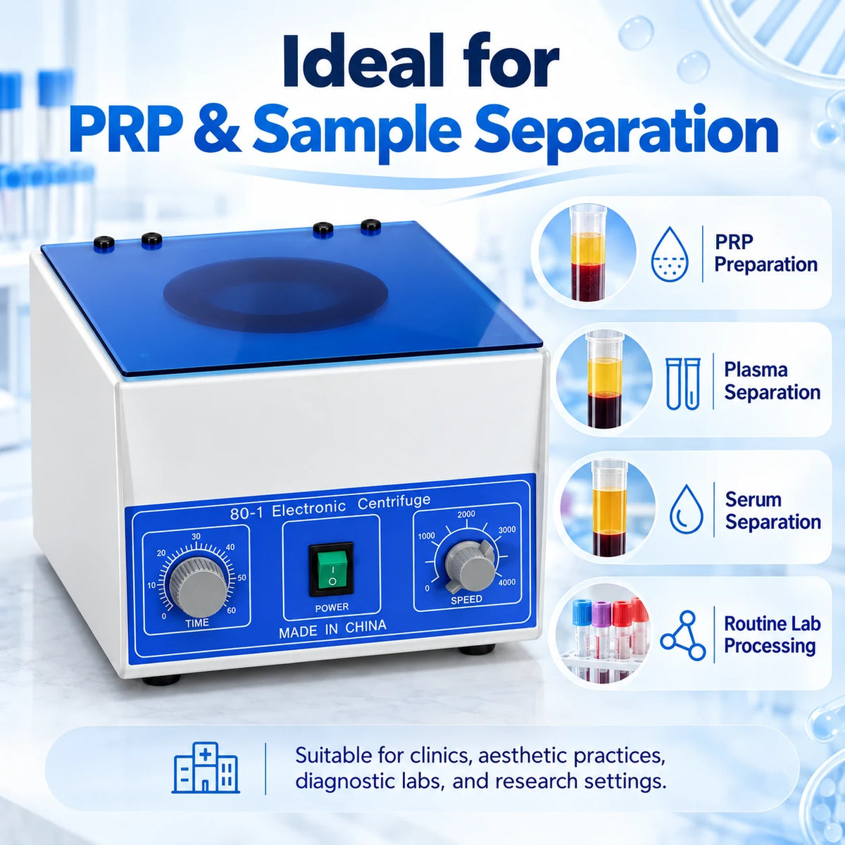 PRP centrifuge applications for plasma, serum and routine lab separation