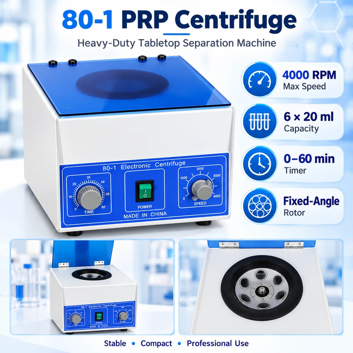 80-1 PRP centrifuge overview showing 4000 RPM and 6 x 20 ml capacity