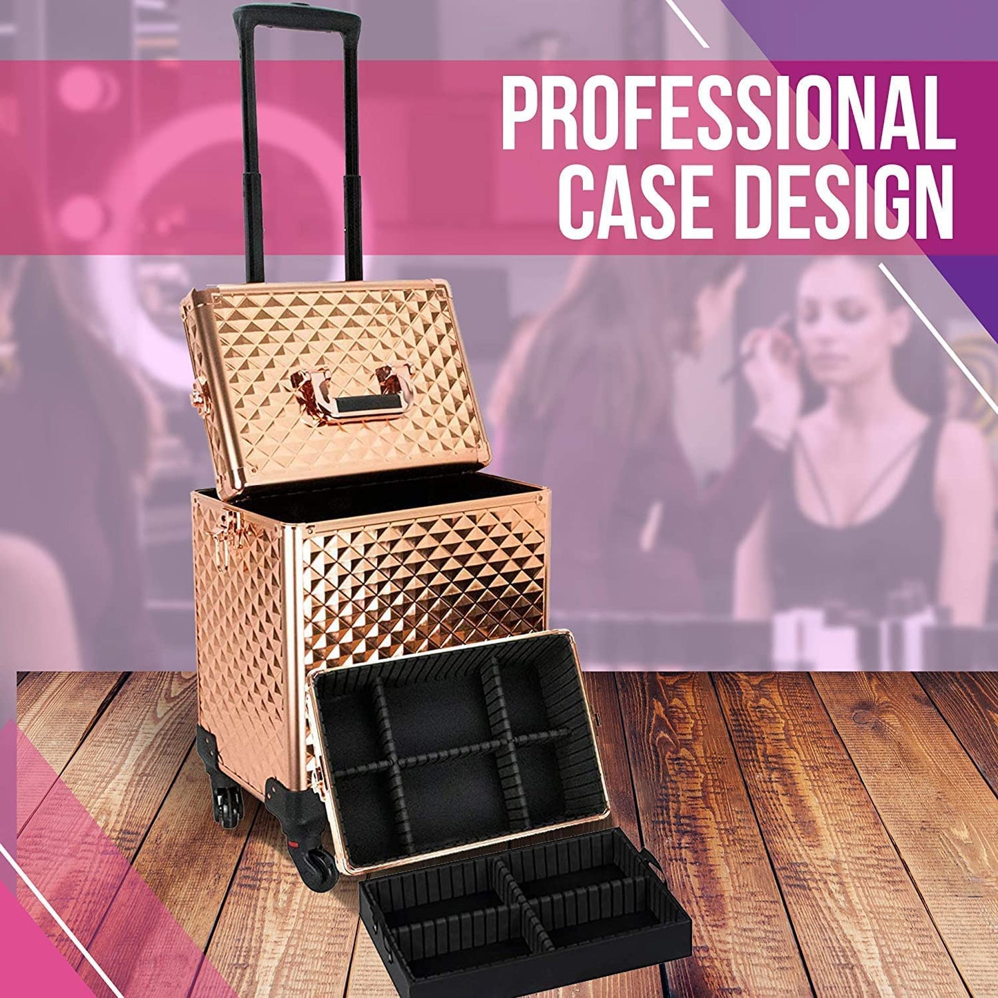 Vanity Rolling Makeup Case, Heavy Duty Makeup Artist Travel Case with 4 Extendable Trays, Rose Gold Diamond