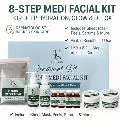 Fynskin Hydra Medi Facial Kit – Complete 8 Step Skincare Set for Deep Hydration & Instant Brightening | Professional Facial Kit for All Skin Types (10-12 Facials )