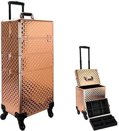 Welocity Professional Trolley Vanity Rolling Makeup Case, Heavy Duty Makeup Artist Travel Case with 4 Extendable Trays, Rose Gold Diamond
