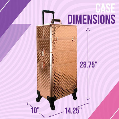 Welocity Professional Trolley Vanity Rolling Makeup Case, Heavy Duty Makeup Artist Travel Case with 4 Extendable Trays, Rose Gold Diamond