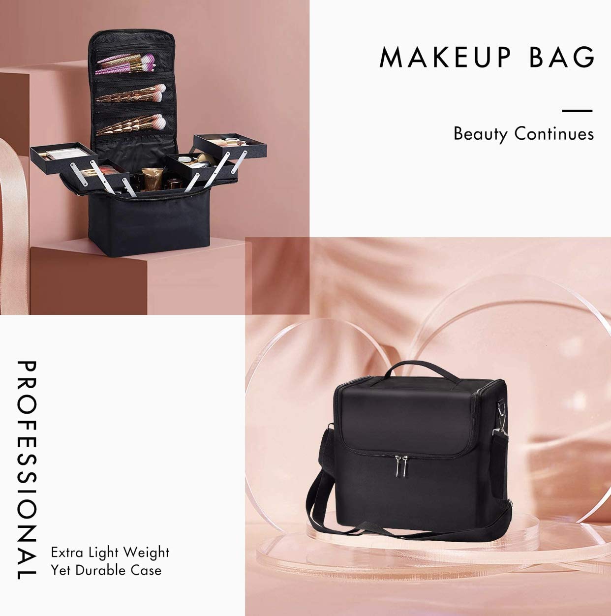 Welocity Professional Vanity Box Cosmetic Bag Organizer For Home And Travel (Large)(Black), 24.5 Cm