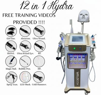 Velocity 12-in-1 HydraFacial Machine attachments and training video information