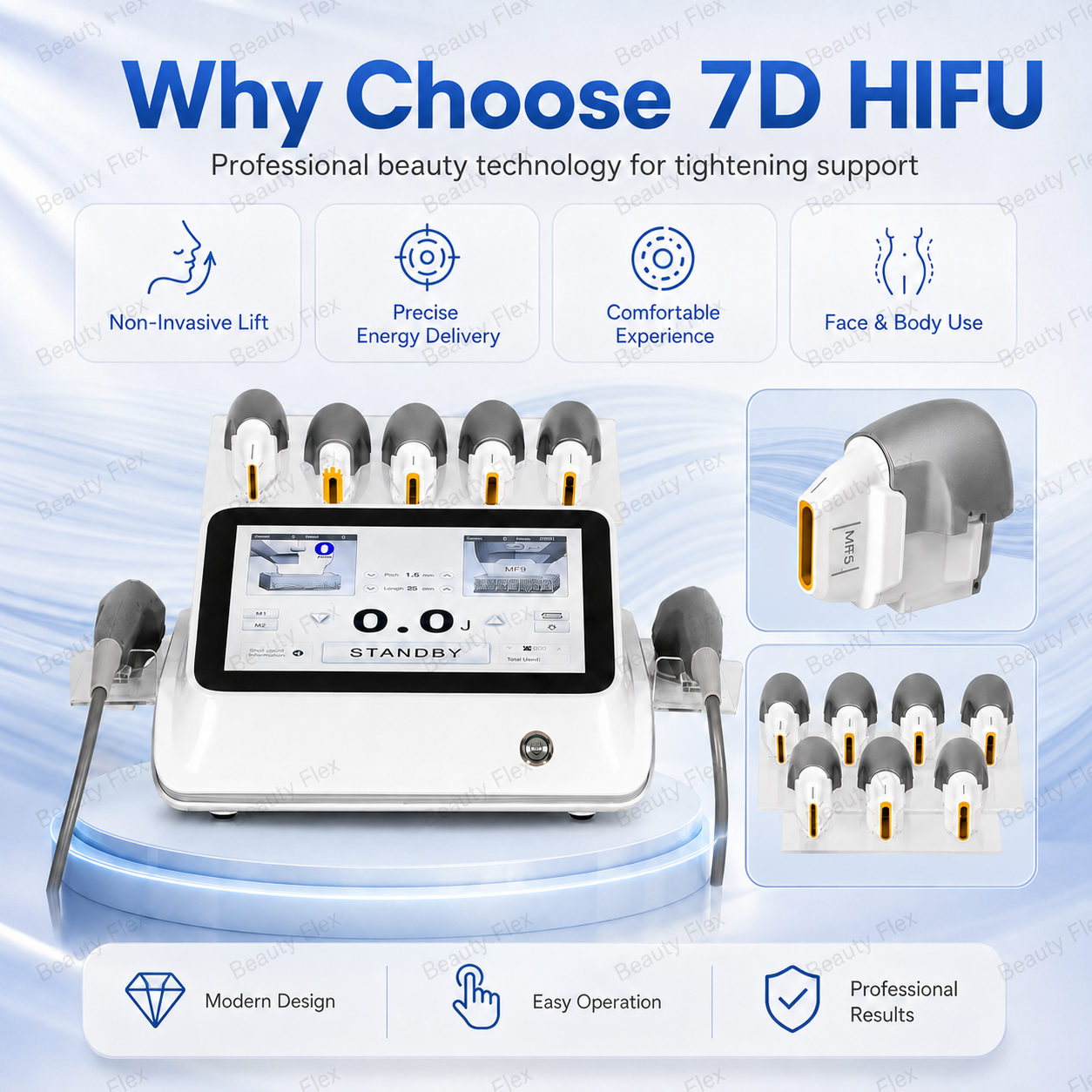 7D HIFU machine features - touchscreen, dual handpieces and cartridge holder
