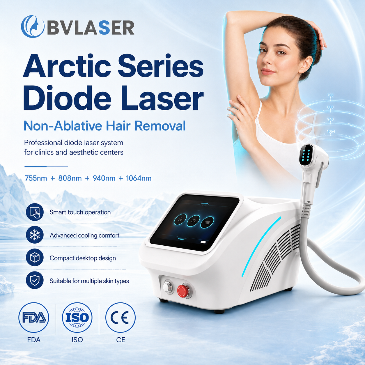 BVLaser Arctic Series Diode Laser — Hero Lifestyle Shot with Model, FDA ISO CE Certified